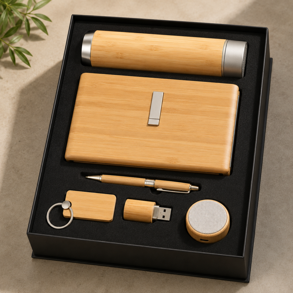 Premium Bamboo Executive Gift Set | Compact Speaker | USB Flash | Keyring