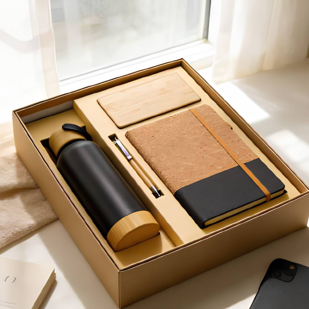 Premium Dark Bamboo Thermo Flask Gift Set with Power Bank | 450ml Bottle | Bamboo Ball Pen