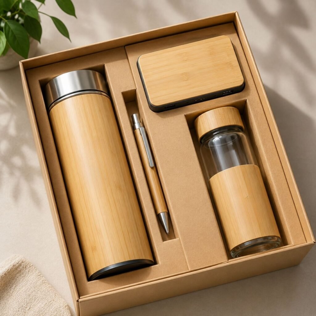 Custom Bamboo Thermo Flask with Power Bank | 450ml Water Bottle | Bamboo Ball Pen