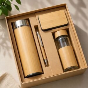 Custom Bamboo Thermo Flask with Power Bank | 450ml Water Bottle | Bamboo Ball Pen