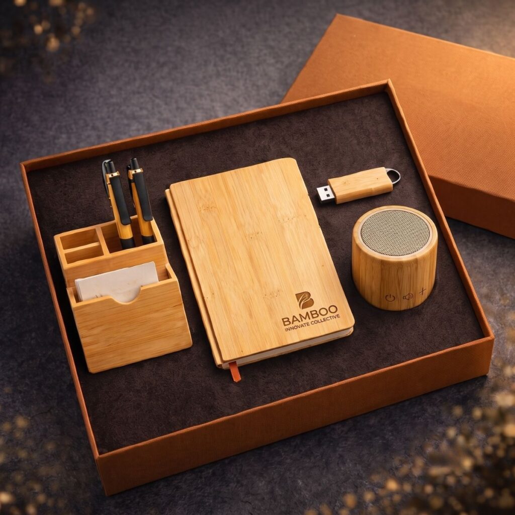 Bamboo Eco Tech Gift Set with Compact Speaker and USB Drive | Desk Organizer