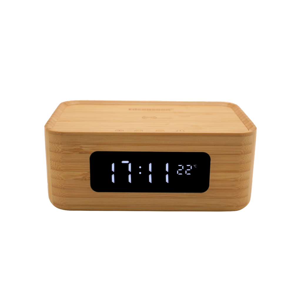 4-in-1 Bamboo Smart Clock - Wireless QI-2 Fast Charger, Bluetooth Speaker & LED Display