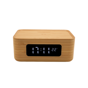 4-in-1 Bamboo Smart Clock - Wireless QI-2 Fast Charger, Bluetooth Speaker & LED Display