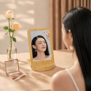 Rotatable Bamboo Magnetic Photo Frame with Mirror and Storage Organizer