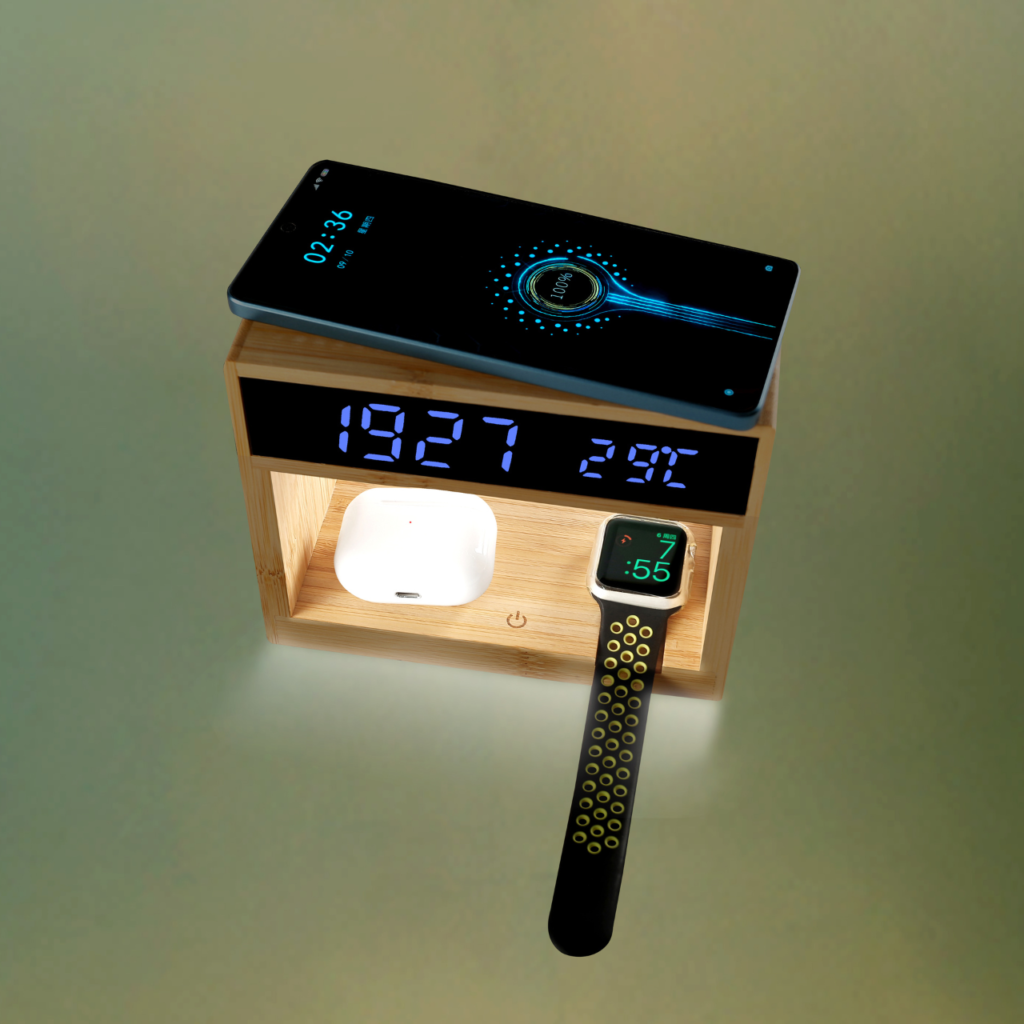 5-in-1 Bamboo Alarm Clock with Wireless Charger & Table Lamp