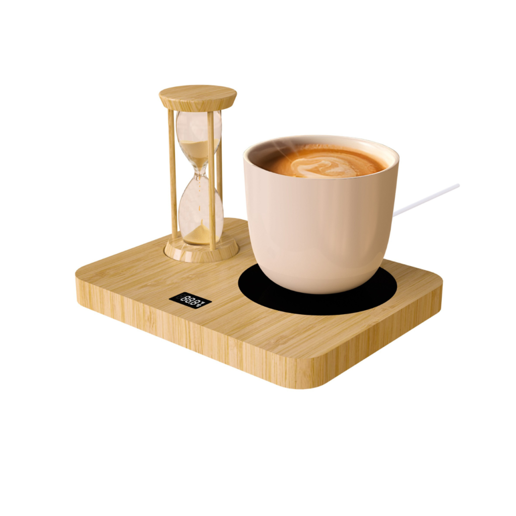 Bamboo Cup Warmer with Hourglass Time - Smart Desktop Beverage Heater for Coffee, Tea & Milk